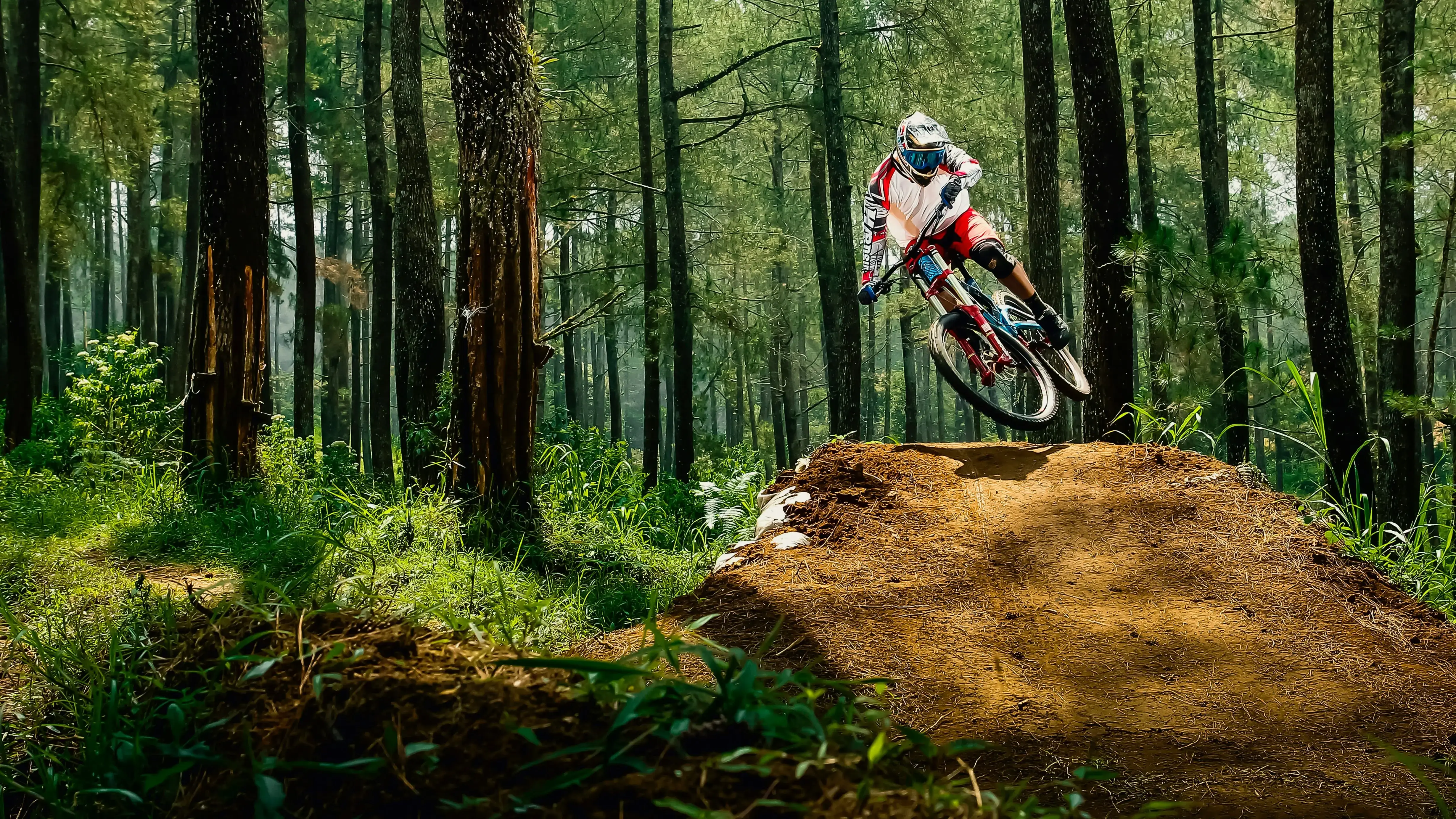 Mountain biker riding through a forest trail